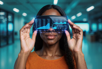 african woman experiencing virtual reality with futuristic data graphs in modern office environment