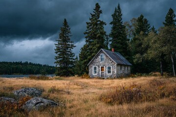 Old abandoned cabin stands in a field by a serene lake, with a stormy sky and pine trees creating a dramatic backdrop