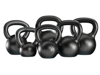 Set of different kettlebells, blank heavy cast iron powerlifting equipment, painted black, isolated on white background. 3D illustration