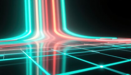 Dynamic neon light trails flow over a glowing digital grid, symbolizing data transfer, connectivity, and futuristic technology.