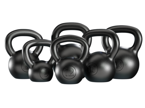 Set of different kettlebells, blank heavy cast iron powerlifting equipment, painted black, isolated on white background. 3D illustration