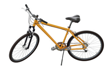 Obraz premium Orange bicycle standing while leaning on kickstand, side view. Bike resting on kick stand isolated on white background, 3D illustration