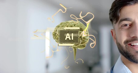 AI brain model appearing in hospital while doctor observing neural filaments pulsing for diagnosis - Powered by Adobe