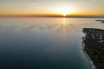 Aerial drone sunset view of Lanterna peninsula, Istria, Croatia.