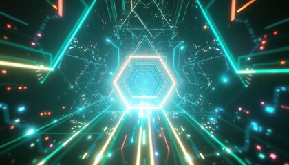 Abstract digital tunnel with glowing lines and geometric shapes, representing data flow, technology, and futuristic concepts for modern design.