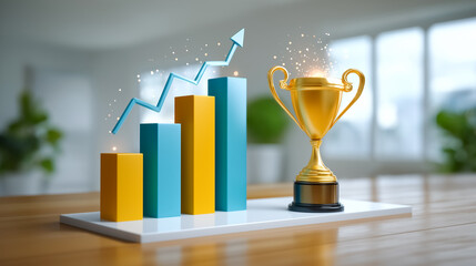Bar chart illustrates upward trend with trophy signaling achievement and success. Bright colors enhance modern office setting highlighting growth and motivation
