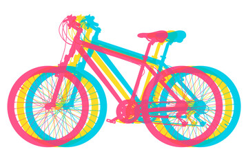 Fototapeta premium Bicycle in three colors. Mountain sport bike graphic design for shop poster, competition flyer, scrapbooking. 3D illustration isolated on white background
