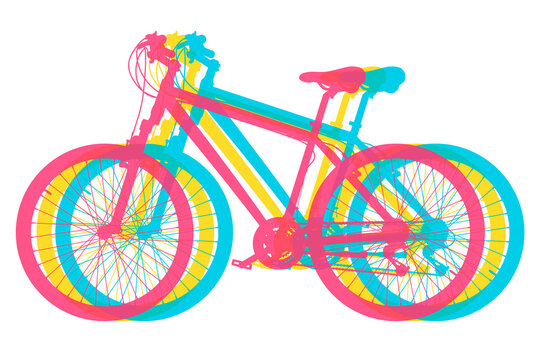 Bicycle in three colors. Mountain sport bike graphic design for shop poster, competition flyer, scrapbooking. 3D illustration isolated on white background