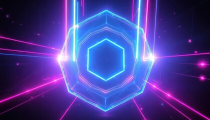 A futuristic glowing geometric shape with vibrant neon blue and pink laser beams against a dark, abstract background. Ideal for technology, gaming, or virtual reality concepts.