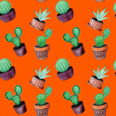 Seamless aqua pattern. Various cacti on an orange background for coloring fabrics, wallpaper, wrapping paper and much more.

