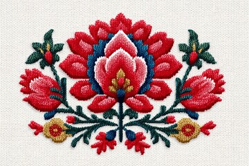 Close-up of a vibrant floral cross-stitch embroidery, showcasing traditional craftsmanship and intricate needlework