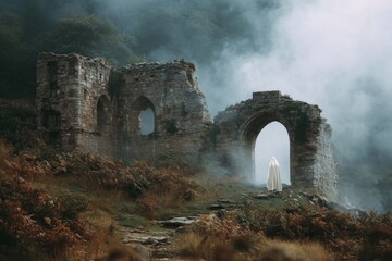 White ghost standing in foggy landscape near ancient ruins, creating a spooky and mysterious atmosphere