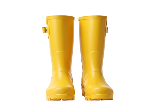 Bright yellow rain boots stand out against a black background.