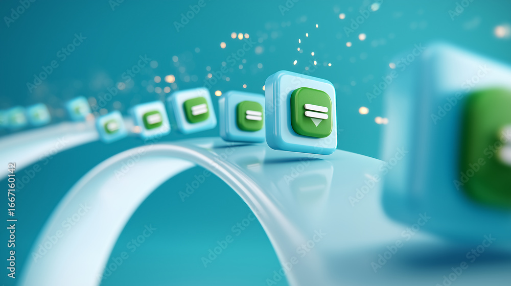 Wall mural curved array of floating digital icons depicting social media symbols in turquoise background. dynam