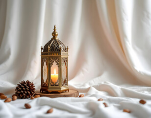Ornate gold lantern with lit candle and almonds image