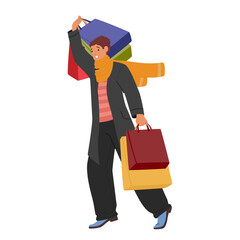 Fashion guy cartoon character with shopping bags feeling satisfaction of sale discount season offer