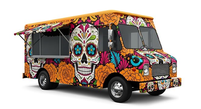 A vibrant and festive food truck, beautifully decorated with colorful and intricate Day of the Dead (Día de los Muertos) sugar skull art.