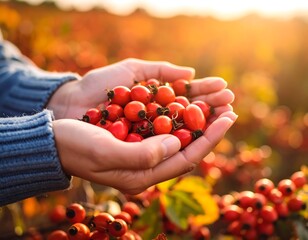 Hands holding a bounty of ripe red berries in an autumn field