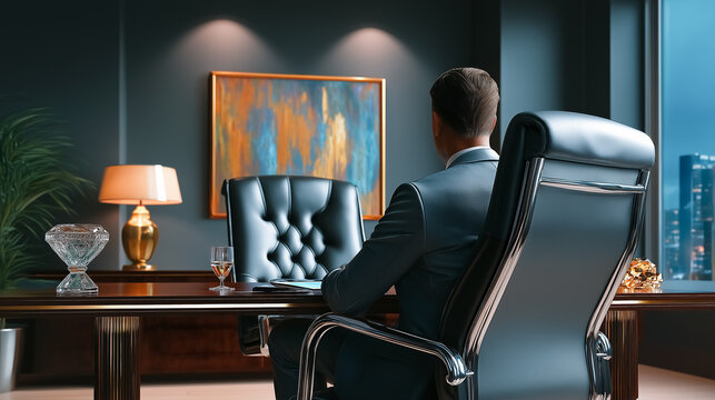 Professional man seated in a sleek executive office, looking out at city skyline. Dimly lit with elegant decor. Concept of leadership, corporate strategy, business success
