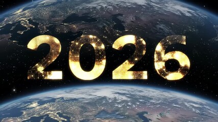 Golden 2026 New Year Text Orbiting Around Earth Planet in Space with Sparkling City Lights and Cosmic Stars Animation