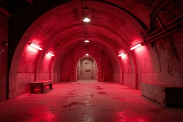 Fototapeta premium Red lights illuminate a mysterious underground corridor with concrete walls and ceiling
