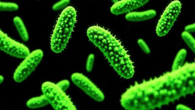 Clostridioides difficile under fluorescence microscopy: bright green glowing bacilli, conceptual red toxin particles visible on black background for microbiology illustration.