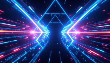 Abstract futuristic tunnel with glowing neon lights in blue and pink, creating a dynamic sense of speed and technology. Ideal for digital, data, and cyber concepts.