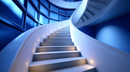 Fototapeta premium Curved sculptural staircase leads upward adorned with soft lighting in contemporary atrium. Sleek blue walls create a modern ambiance. Concept of architecture, interior design, elegance