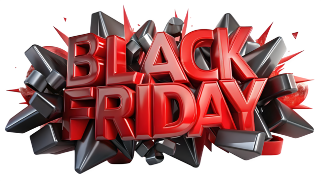 Dynamic red and silver 3d "black friday" text surrounded by shattered fragments creating an explosive sale concept