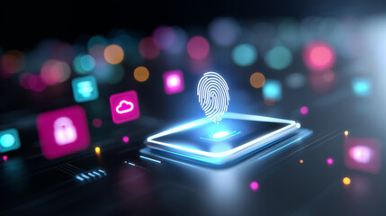 Sleek glossy digital tablet displays fingerprint recognition technology highlighted by colorful icons. Tech environment featuring glowing elements. Concept of cybersecurity, innovation, technology