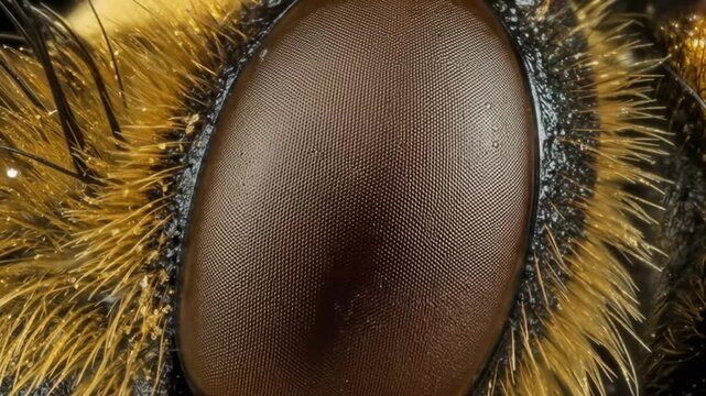 Extreme close up of a bee's eye showing the intricate details of its compound eye and surrounding hairs