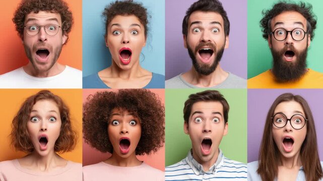A collection of diverse individuals showcases genuine expressions of surprise and excitement against vibrant backgrounds. Each face reflects joy and astonishment in this lively setting.