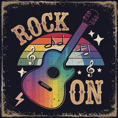Obraz premium 2d vector illustration art Retro music guitar with symbol and rock music with colorful background, Summer t shirt