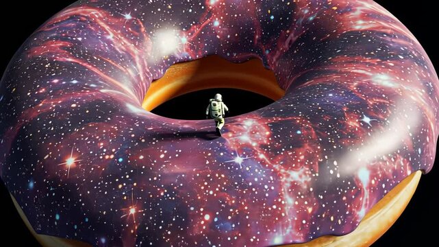 Astronaut exploring galaxythemed donut surface in surreal cosmic adventure