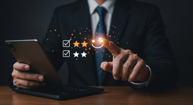 Man in suit touching screen to positively rate a service, long-term customer loyalty