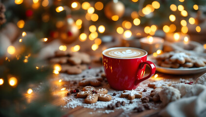 Red mug of latte with gingerbread cookies and Christmas lights