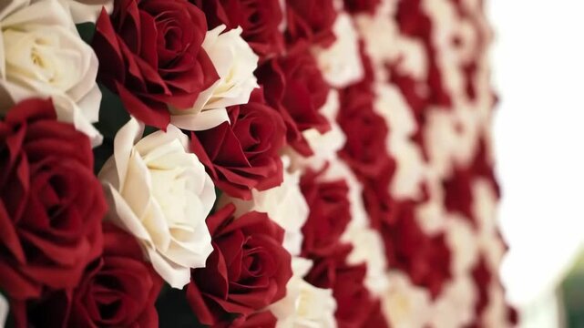 Red & white rose wall backdrop; event decor