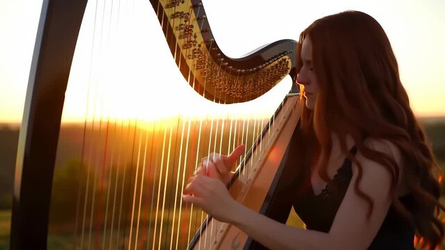 Redhead plays harp at sunset, field background