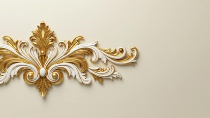 A decorative baroque style plaster ornament in gold and white against a beige background wall art - Powered by Adobe