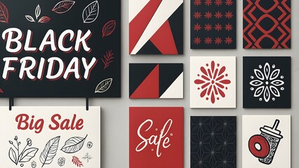 Black friday big sale announcement with diverse graphic designs for retail marketing advertising and special promotions
