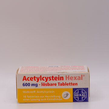 Nuremberg, Germany - August 24th, 2025: Box of Acetylcystein Hexal 600mg Soluble Tablets