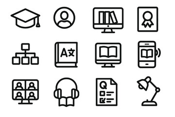 Set of 12 black online course and learning icons in flat vector style with white background, ideal for apps, education platforms, and certification programs.