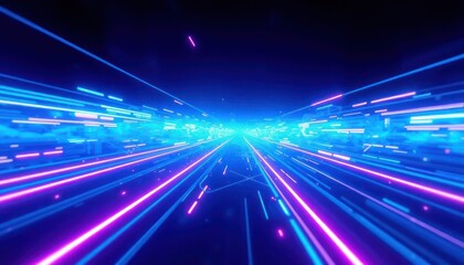 Abstract digital light trails in a vibrant blue and purple tunnel, representing high-speed data flow and futuristic network connections. Ideal for technology, communication, and innovation concepts.