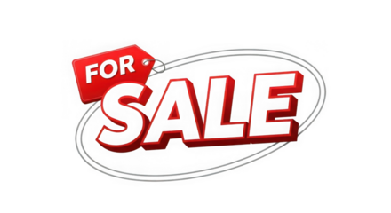 Red for sale sign with oval border isolated on transparent background