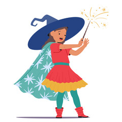 Fototapeta premium Cute charming girl child cartoon character wearing witch costume and hat coasting with magic wand