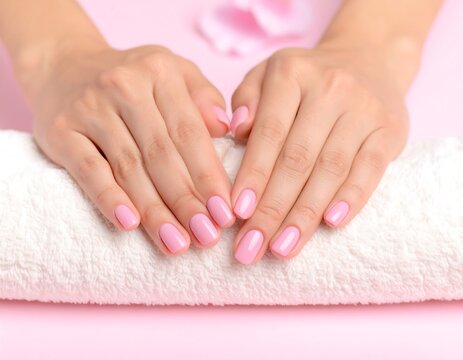 Woman's hands with pink nails on a towel