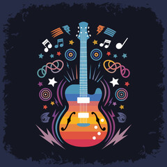 2d vector illustration art Retro music guitar with symbol and rock music with colorful background, Summer t shirt 
