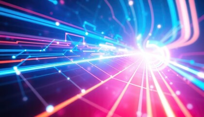 Abstract digital network with vibrant glowing lines representing fast data flow, connectivity, and communication. Ideal for technology concepts.