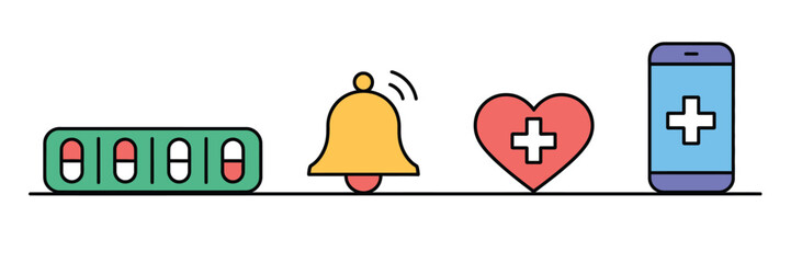 Illustration of medication pills reminder bell heart and smartphone with health cross symbol on screen