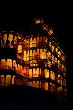 The Rani Sati Temple in Jhunjhunu, Rajasthan, beautifully illuminated at night, showcases grandeur, devotion, and traditional Rajasthani architecture.